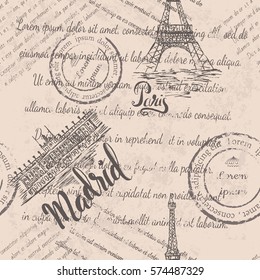 Faded text, stamps, Eiffel Tower, lettering Paris, Royal Palace of Madrid, lettering Madrid, seamless pattern on beige background