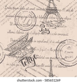 Faded text, stamps, Eiffel Tower, lettering Paris, Tokyo label with hand drawn temple Senso-ji, lettering Tokyo, seamless pattern on beige background