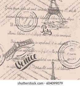 Faded text, stamps, Eiffel Tower, lettering Paris, hand drawn the Rialto Bridge, lettering Venice, seamless pattern on beige background