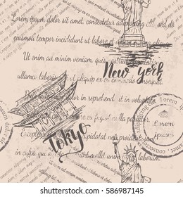 Faded text, stamps, hand drawn the Statue of Liberty , lettering New york, hand drawn temple Senso-ji, lettering Tokyo, seamless pattern on beige background