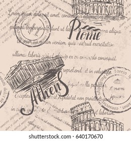 Faded text, stamps, hand drawn Coliseum, lettering Rome, hand drawn Acropolis of Athens, lettering Athens, seamless pattern on beige background