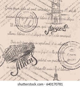 Faded text, stamps, Kremlin, lettering Moscow, hand drawn Acropolis of Athens, lettering Athens, seamless pattern on beige background