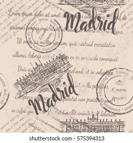 Faded text, stamps, Madrid label with hand drawn Royal Palace of Madrid, lettering Madrid, seamless pattern on beige background