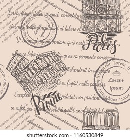 Faded text, stamps, Notre-Dame Cathedral and Coliseum with lettering Paris and Rome, seamless pattern on beige background