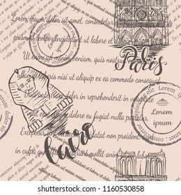 Faded text, stamps, Notre-Dame Cathedral and  Sphinx with lettering Paris and Cairo, seamless pattern on beige background