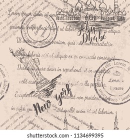 Faded text, stamps, Sheikh Zayed Mosque, the Statue of Liberty with lettering Abu Dhabi, New York, seamless pattern on beige background