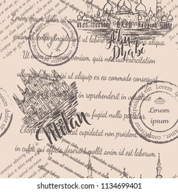 Faded text, stamps, Sheikh Zayed Mosque, Milan Cathedral, lettering Abu Dhabi, Milan, seamless pattern on beige background