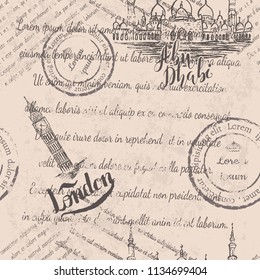 Faded text, stamps, Sheikh Zayed Mosque, Big Ben, lettering Abu Dhabi, London, seamless pattern on beige background