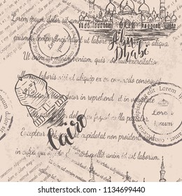Faded text, stamps, Sheikh Zayed Mosque, Sphinx with lettering Abu Dhabi, Cairo, seamless pattern on beige background