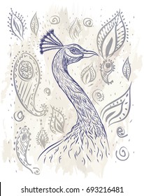 Faded vintage background with profile peacock and paisley pattern. Chinese and indian decor for print of t-shirt. Sketch for tattoo art. vector illustration. Hand drawn blue head of bird and ornament