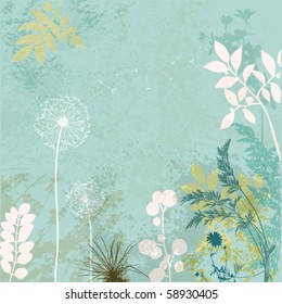 Faded Vintage Floral Background, with grass, leaves and weeds