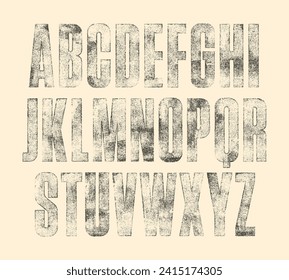 Faded, worn ink texture font (Darker version). Highly detailed hand textured characters with a faded, rough, rolled ink print texture.