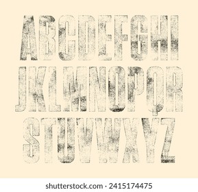 Faded, worn ink texture font (Lighter version). Highly detailed hand textured characters with a faded, rough, rolled ink print texture.