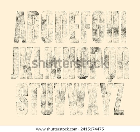 Faded, worn ink texture font (Lighter version). Highly detailed hand textured characters with a faded, rough, rolled ink print texture.