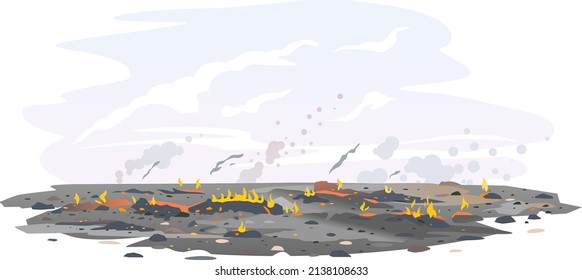 Fading after the fire black charred ground with a small flame nature background, nature disaster concept illustration isolated background, consequences of raising fires in forest, careful with fire