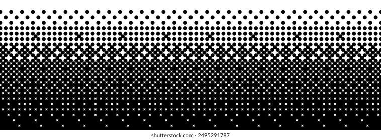 Fading bitmap gradient texture. Black and white dither pattern background. Abstract pixelated glitchy pattern. 8 bit video game screen wallpaper. Vanishing pixel art backdrop. Vector retro halftone