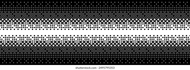 Fading bitmap gradient texture. Black and white dither pattern background. Abstract pixelated glitchy pattern. 8 bit video game screen wallpaper. Vanishing pixel art backdrop. Vector retro halftone