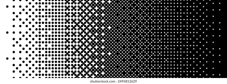 Fading bitmap gradient texture. Black and white dither pattern background. Abstract pixelated glitchy pattern. 8 bit video game screen wallpaper. Vanishing pixel art retro backdrop. Vector halftone