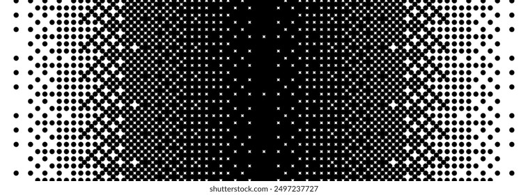 Fading bitmap gradient texture. Black and white dither pattern background. Abstract pixelated glitchy overlay. 8 bit video game screen wallpaper. Vanishing halftone backdrop. Vector retro pixel art