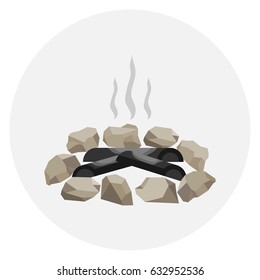 A Fading Bonfire Surrounded By Stones. Smoke On The Fire, Ashes. Flat Design, Vector Illustration, Vector.