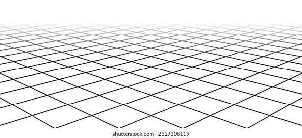 Desvaneciendo la rejilla del alambre diagonal. Desvaneciendo el paisaje de baldosas a cuadros. Plano horizontal de tablero de ajedrez en perspectiva. Fondo de la superficie del entramado plano blanco y negro. Ilustración del vector 