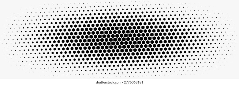 Fading hexagon gradient texture. Vanishing honeycomb pattern background. Geometric hexagonal halftone tech overlay backdrop. Black grunge halfton wallpaper. Vector retro dot texure wallpaper