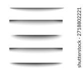 Fading horizontal shadows. Vector graphics for page borders in the form of shadow boxes. Wide, soft stripes to simulate hanging tabs and section breaks in clean web layouts. A collection of page edge 