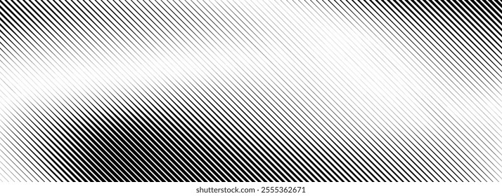 Fading line halftone gradient texture. Black diagonal stripe gradation background. Thin to thick vanishing slanted pattern backdrop. Oblique parallel stroke wallpaper for overlay, print, cover. Vector