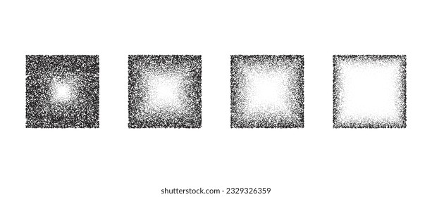 Fading square gradient set. Black dotted texture element collection. Stippled shade object pack. Noise grain dotwork shapes. Halftone effect illustrations bundle. Vector illustration