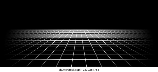 Fading wireframe grid. Vanishing checkered tile floor landscape. Disappearing horizontal chessboard plane in perspective. Black and white flat lattice surface background. Vector illustration 