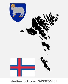 Faeroe Islands map vector silhouette illustration isolated on white background. Faeroe Islands flag and coat of arms. Denmark territory. Europe state. National symbol emblem banner.