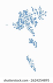 Faeroe Islands, shape of the country built of colored cells. Digital style map of the Faeroe Islands on a white background. Small size rounded square blocks. Creative vector illustration.