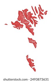 Faeroe Islands shape. Country word cloud with region division. Faeroe Islands colored illustration. Region names cloud. Vector illustration.