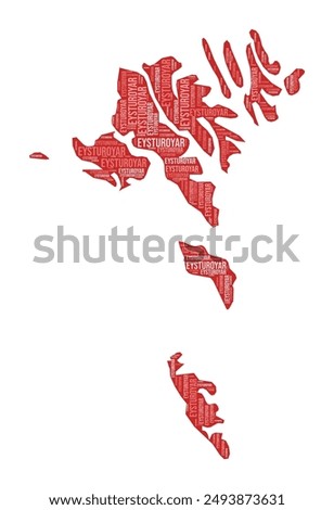 Faeroe Islands shape. Country word cloud with region division. Faeroe Islands colored illustration. Region names cloud. Vector illustration.