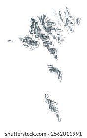 Faeroe Islands shape text cloud. Country border with shadow on white background. Faeroe Islands with regions division in vintage gazette style. Awesome vector illustration.