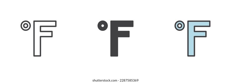 Fahrenheit marca un conjunto de iconos de estilo diferente. Línea, glifo y contorno relleno versión colorida, contorno y signo vectorial relleno. Símbolo, ilustración del logotipo. Gráficos vectoriales