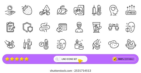 Fahrenheit thermometer, Bike app and Sun protection line icons for web app. Pack of Stress grows, Face attention, Thermometer pictogram icons. Hypoallergenic tested, Mint tea. Search bar. Vector