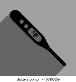 Fahrenheit Thermometer long shadow vector icon. Style is a flat fahrenheit thermometer black iconic symbol on a gray square background with longshadow.