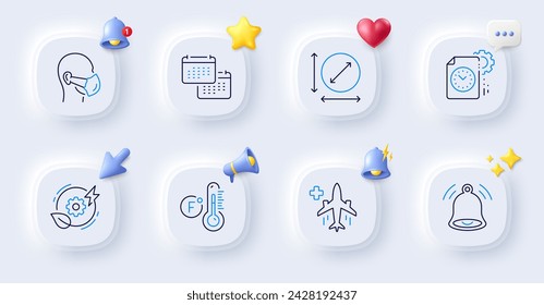 Fahrenheit thermometer, Project deadline and Green energy line icons. Buttons with 3d bell, chat speech, cursor. Pack of Medical mask, Circle area, Calendar icon. Vector