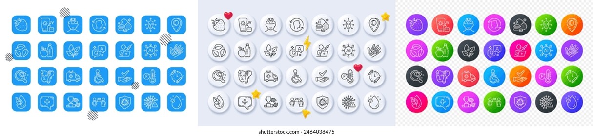 Fahrenheit thermometer, Sunscreen and Face biometrics line icons. Square, Gradient, Pin 3d buttons. AI, QA and map pin icons. Pack of Face id, Healthy food, Vaccination schedule icon. Vector