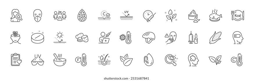 Fahrenheit thermometer, Uv protection and Patient history line icons. Pack of Corn, Weariness, Medical tablet icon. Vision test, Leaves, Vaccination schedule pictogram. Social distance. Vector