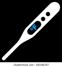 Fahrenheit Thermometer vector icon. Style is bicolor flat symbol, blue and white colors, rounded angles, black background.