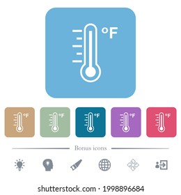 Termómetro Fahrenheit a temperatura cálida iconos blancos planos sobre fondo cuadrado redondeado de color. 6 iconos de bonificación incluidos