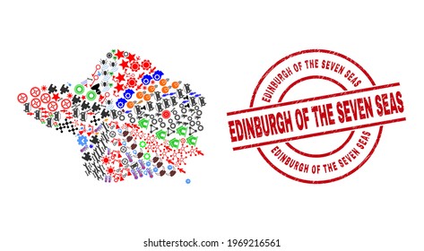 Faial Island map mosaic and rubber Edinburgh of the Seven Seas red circle stamp print. Edinburgh of the Seven Seas stamp uses vector lines and arcs. Faial Island map mosaic includes gears, homes,