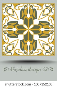 Faience ceramic tile in nostalgic ocher and olive green design with white glaze. Classic ceramic majolica. Traditional vintage spanish pottery product with multicolored geometric ornament.