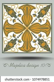 Faience ceramic tile in nostalgic ocher and olive green design with white glaze. Vintage ceramic majolica. Traditional retro spanish pottery product with multicolored geometric patterns.