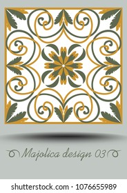 Faience ceramic tile in nostalgic ocher and olive green design with white glaze. Classic ceramic majolica. Traditional vintage spanish pottery product with multicolored geometric ornament.