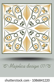Faience ceramic tile in nostalgic ocher and olive green design with white glaze. Classic ceramic majolica. Traditional vintage spanish pottery product with multicolored geometric ornament.