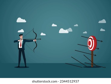 Fail to achieve goal shoot arrow missed target. aiming bow. practice until success. holding bow with arrow. challenge. mistake or failure. Concept businessman missed target. 
