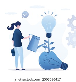 Fail before success, learn from mistake or motivation to success. Woman entrepreneur watering idea tree growing from broken light bulb. Aspiration to invent innovation. Brainstorming, pitching ideas.